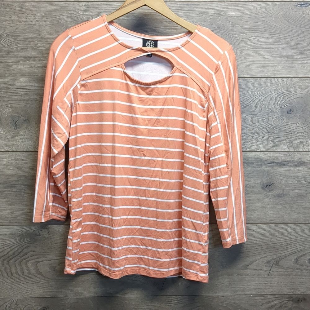 Bobeau Striped Long Sleeve Keyhole Blouse Women's Size Large